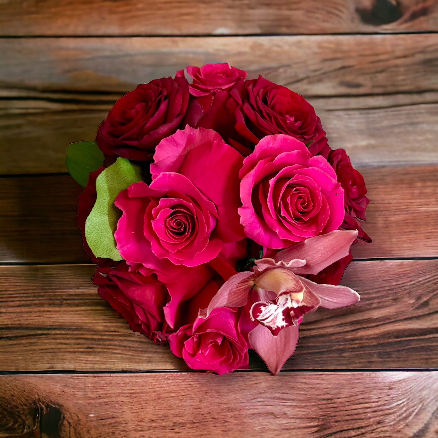 Red and Hot Pink Roses + Orchid