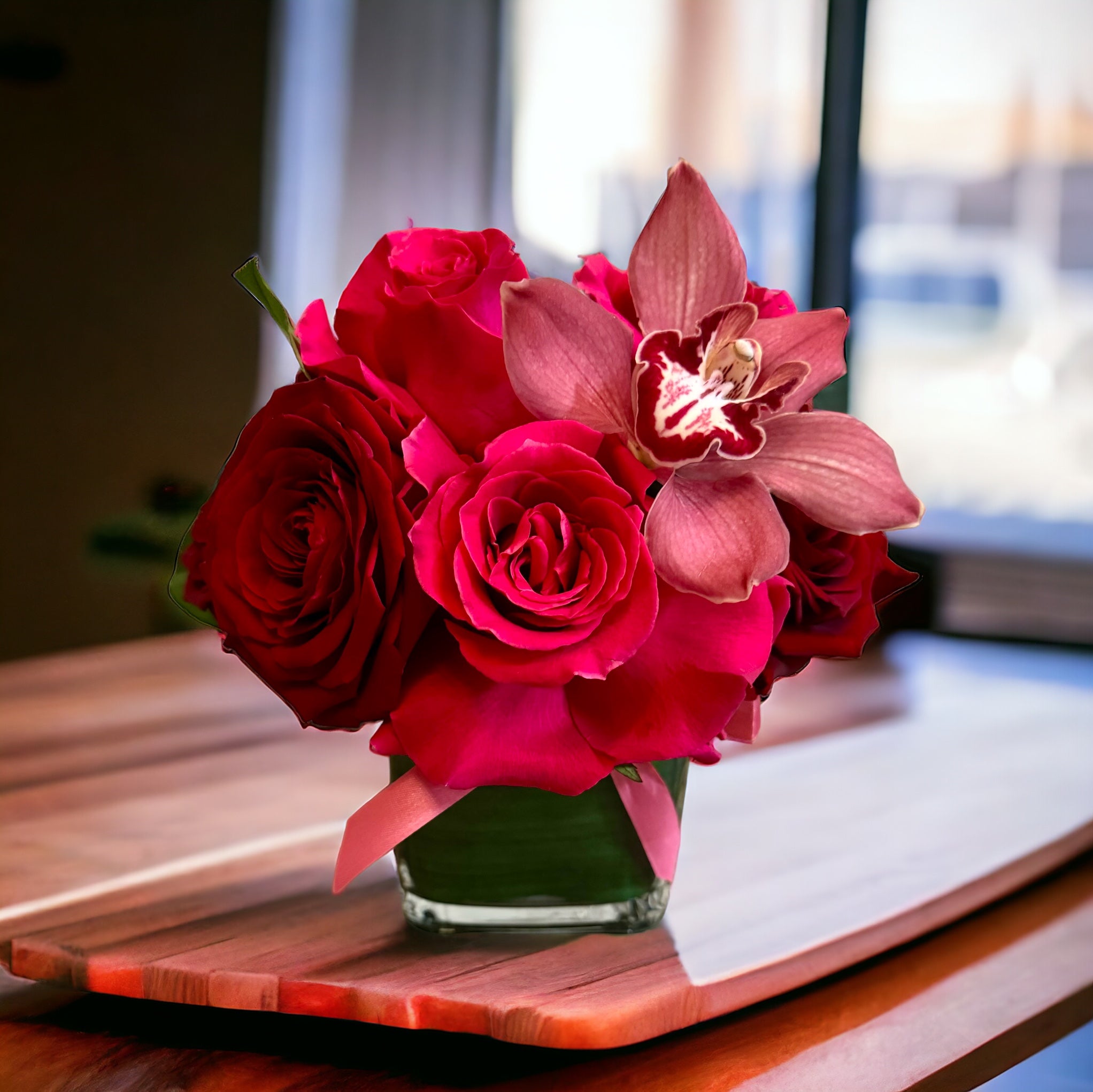 Red and Hot Pink Roses + Red Orchid