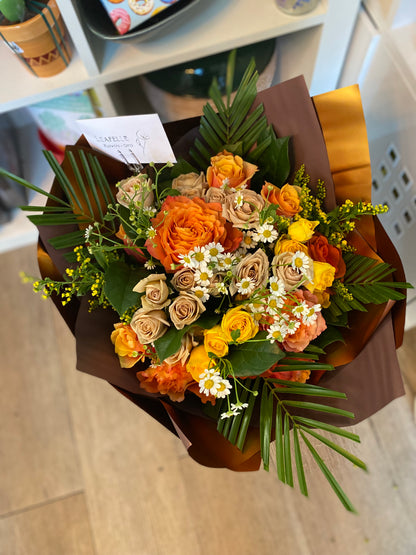 Bright Yellow Orange Mocha Roses Bouquet